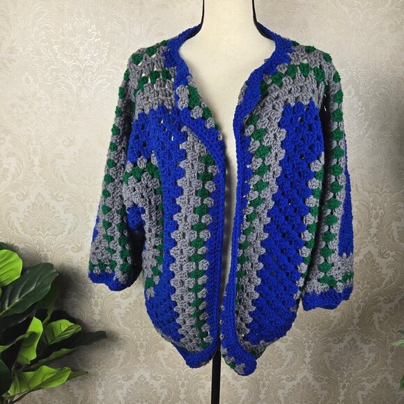 Handmade Crocheted Cardigan Sweater Gray Blue Green No Closure Size L/XL - Picture 1 of 12